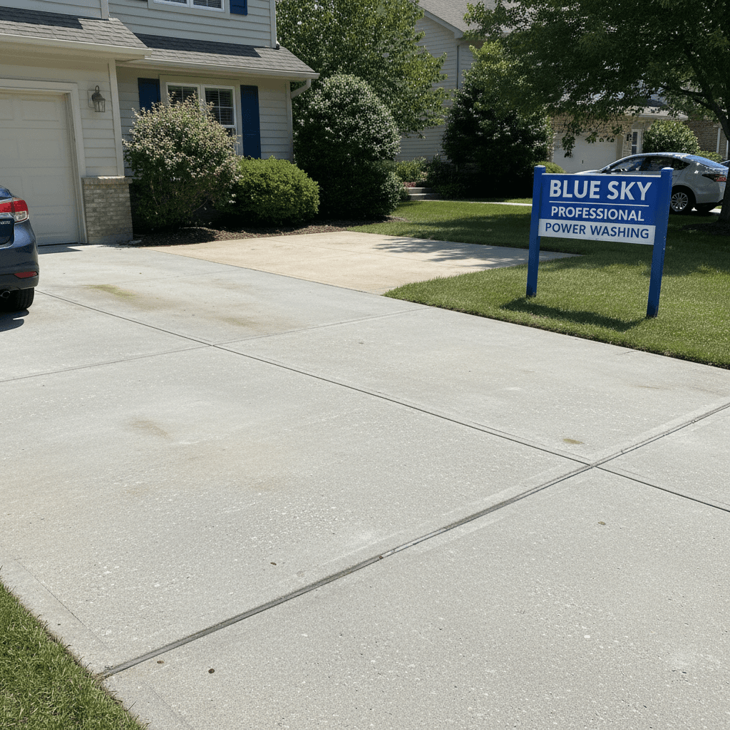 Driveway and patio bright and clean after professional power washing
