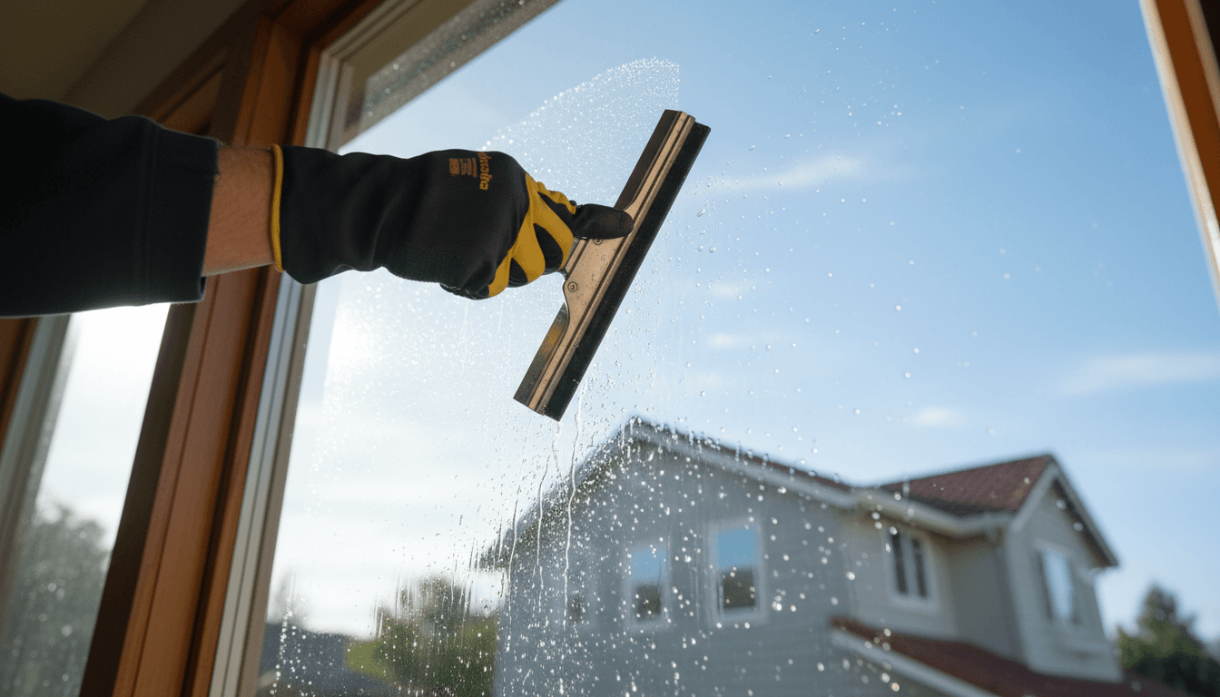 Professional window cleaner using squeegee on residential window with blue sky visible