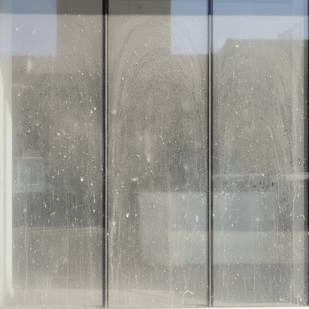 Commercial storefront glass with dust and spots before cleaning
