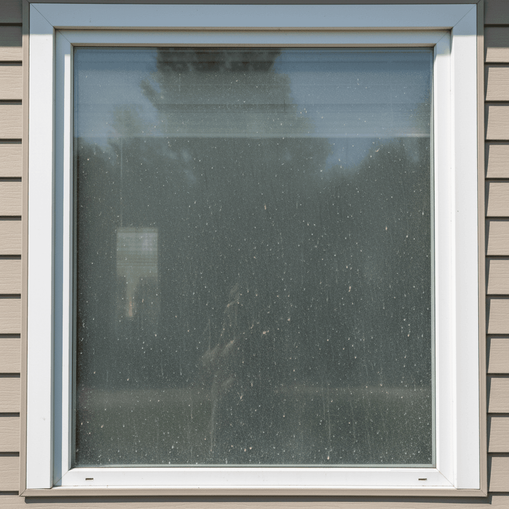 Residential window with visible dirt and water spots before cleaning