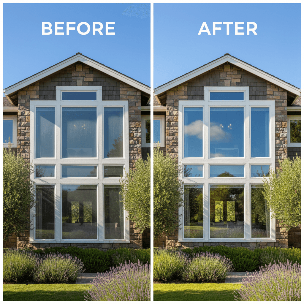 Before and after exterior window cleaning