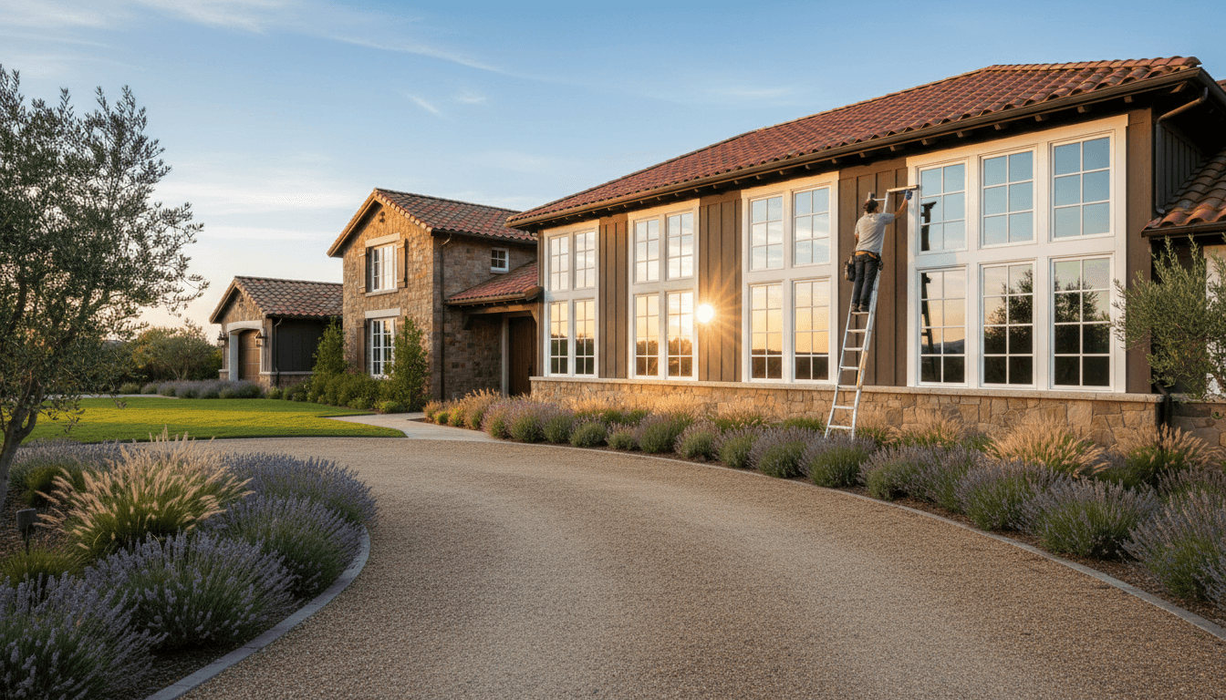 Exterior residential window cleaning service on Napa home