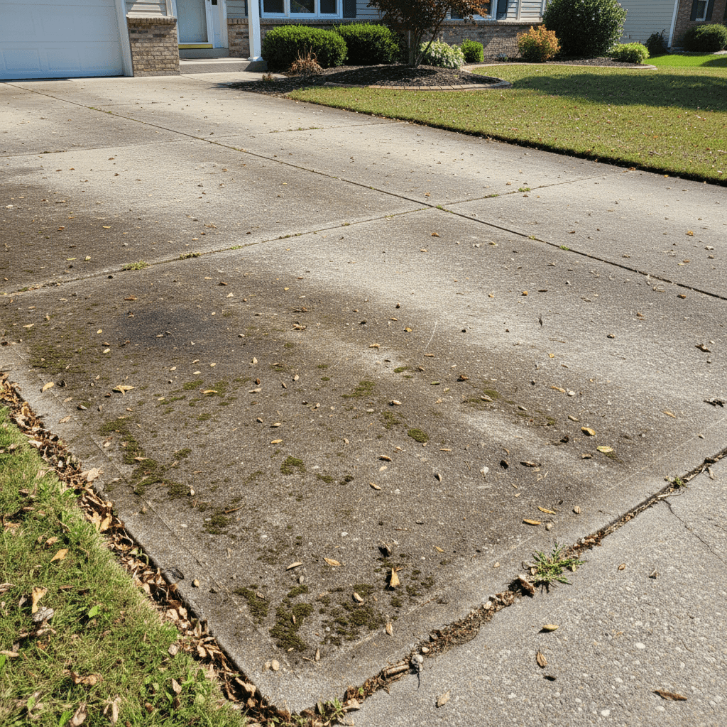 Driveway and patio with dirt stains and moss before power washing