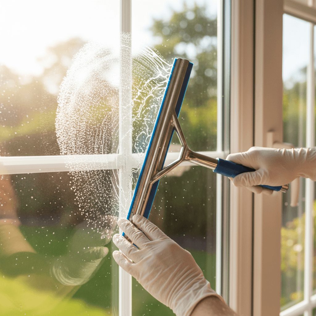 Professional squeegee technique on residential window