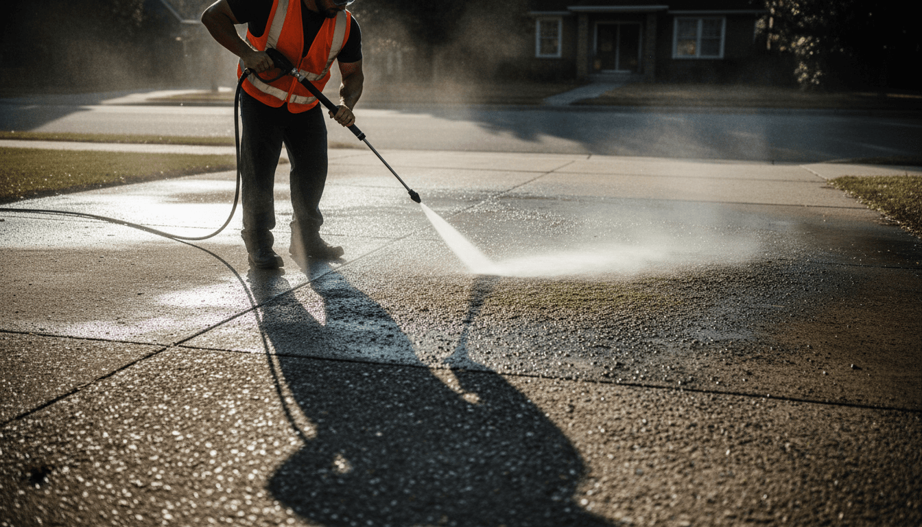 Power washing driveway cleaning service in action