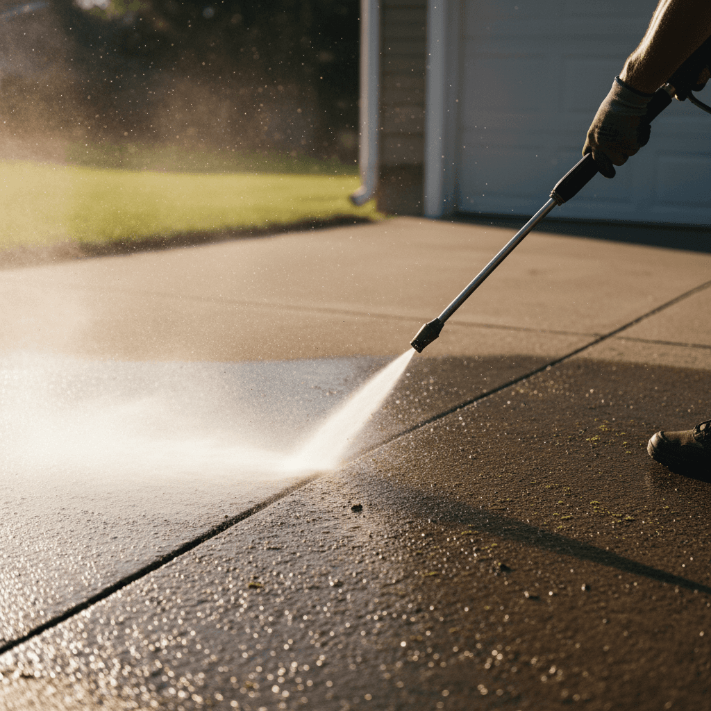 Driveway power washing with visible transformation
