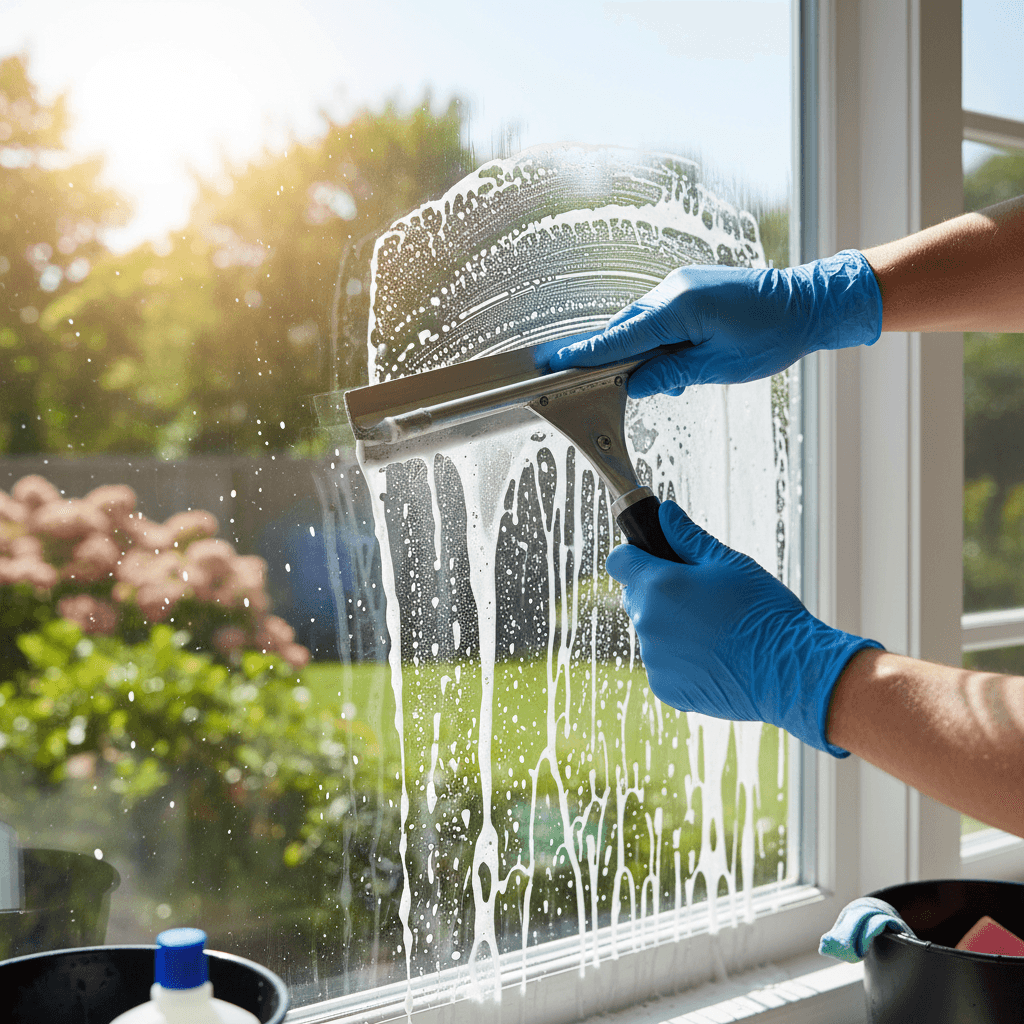 Professional window cleaner using squeegee on residential window