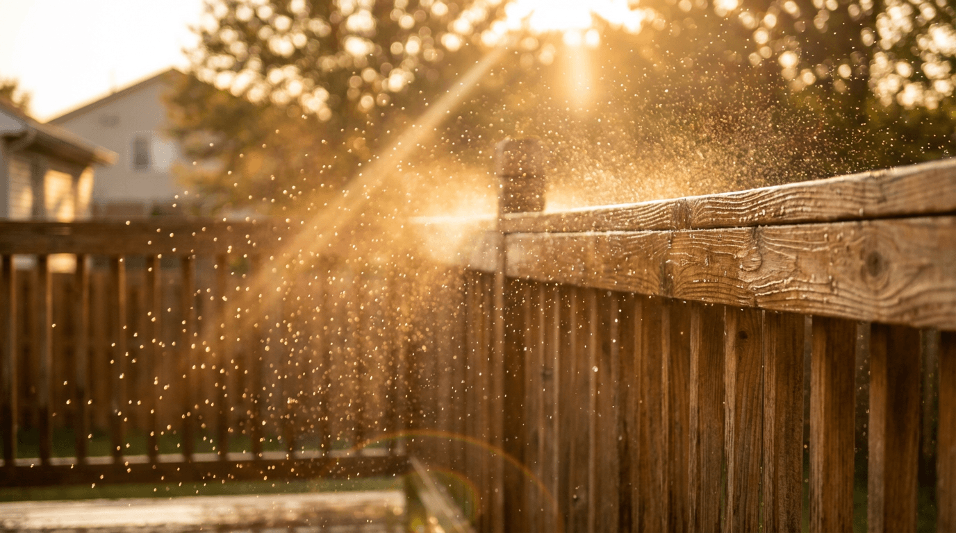 Deck power washing revealing clean wood