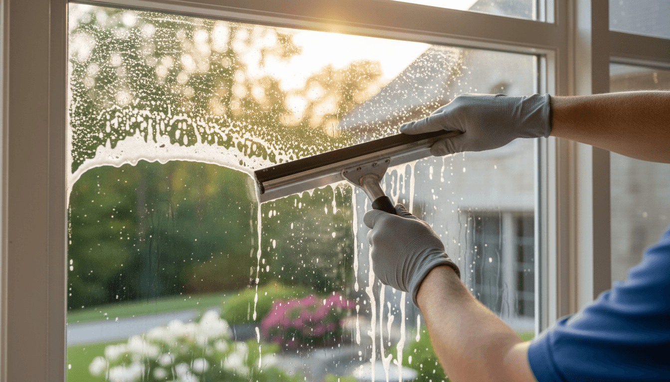 Professional window cleaner working on a residential home in Napa