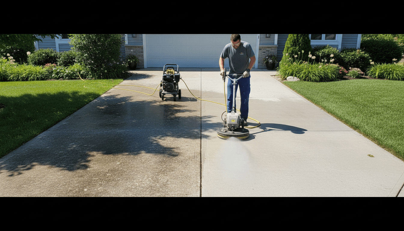 Power washing transformation of residential driveway in Napa